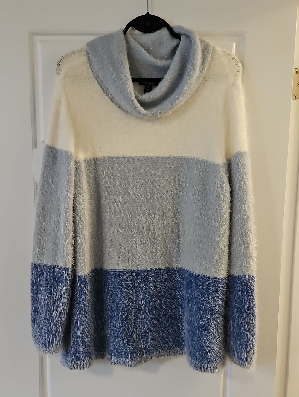 Tribal Fuzzy Colorblock Cowl Neck Sweater - White & Light Blue & Blue